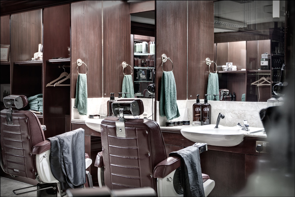 Barber chairs and mirrors, classic wood interior